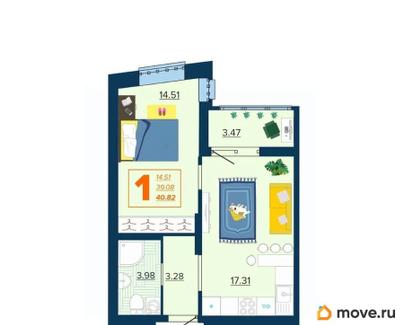 1-комн. квартира, 40.82 м&sup2;