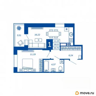 1-комн. квартира, 39.78 м&sup2;