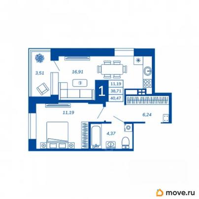1-комн. квартира, 40.47 м&sup2;