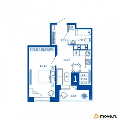 1-комн. квартира, 39.75 м&sup2;