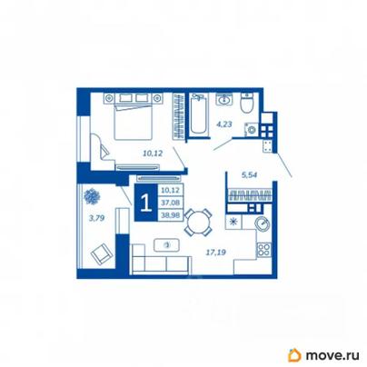 1-комн. квартира, 38.98 м&sup2;