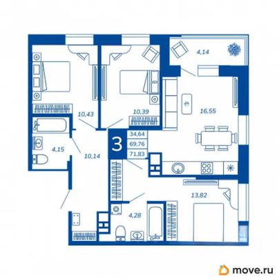 3-комн. квартира, 71.83 м&sup2;