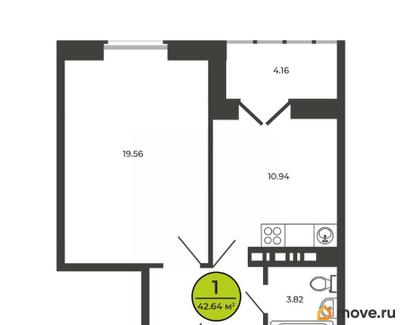 1-комн. квартира, 42.7 м&sup2;