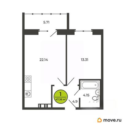 1-комн. квартира, 47.4 м&sup2;
