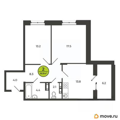 2-комн. квартира, 66.3 м&sup2;