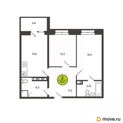 2-комн. квартира, 69.1 м&sup2;