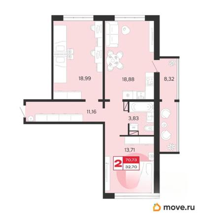 2-комн. квартира, 70.73 м&sup2;