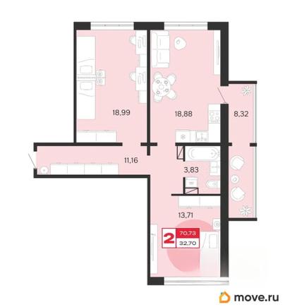 2-комн. квартира, 70.73 м&sup2;