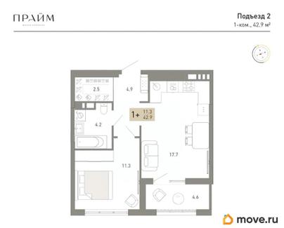 1-комн. квартира, 42.9 м&sup2;