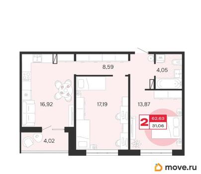 2-комн. квартира, 62.63 м&sup2;