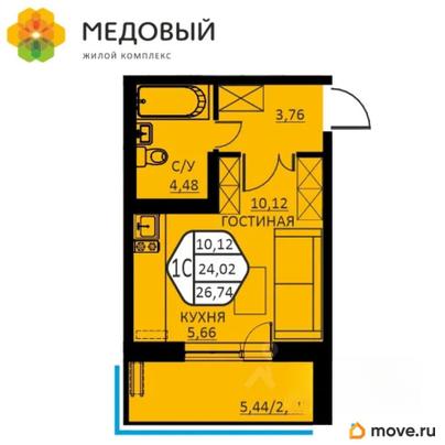 1-комн. квартира, 26.74 м&sup2;