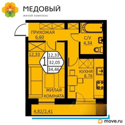 1-комн. квартира, 34.46 м&sup2;