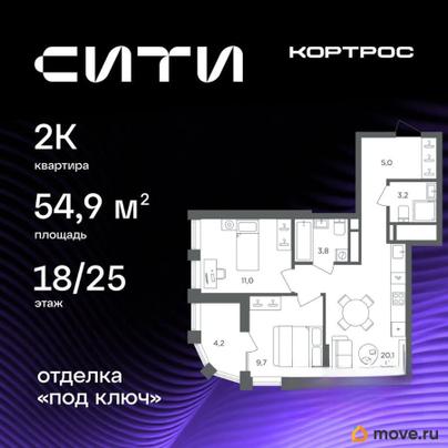 2-комн. квартира, 54.9 м&sup2;