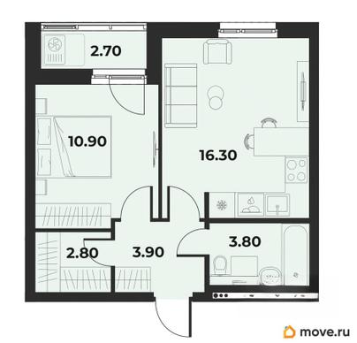 2-комн. квартира, 39.1 м&sup2;
