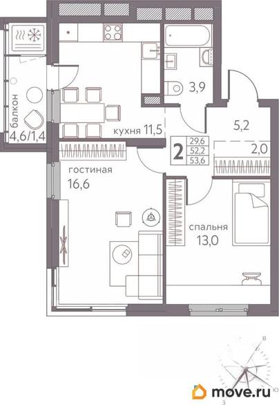 2-комн. квартира, 53.6 м&sup2;