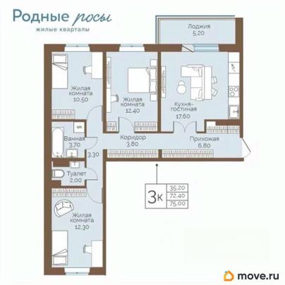 3-комн. квартира, 75 м&sup2;