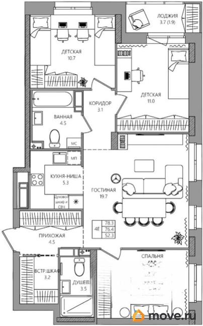 4-комн. квартира, 78.3 м&sup2;