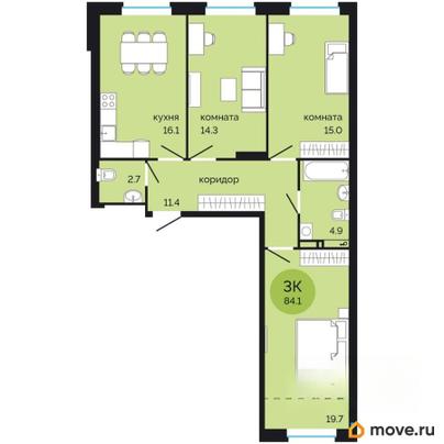 3-комн. квартира, 84.1 м&sup2;