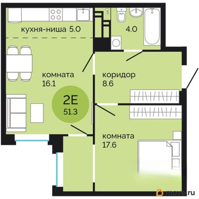 2-комн. квартира, 51.3 м&sup2;