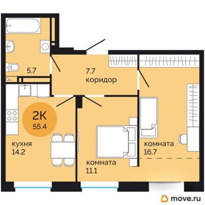 2-комн. квартира, 55.4 м&sup2;