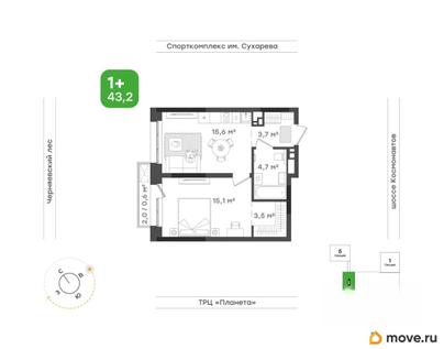 1-комн. квартира, 43.2 м&sup2;