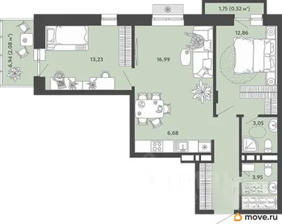3-комн. квартира, 65.99 м&sup2;