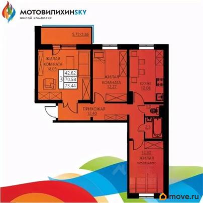 3-комн. квартира, 73.44 м&sup2;
