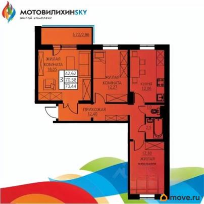 3-комн. квартира, 73.44 м&sup2;