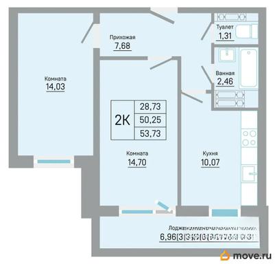 2-комн. квартира, 53.73 м&sup2;
