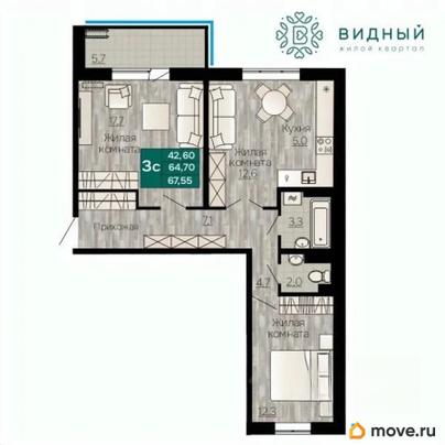 3-комн. квартира, 67.55 м&sup2;