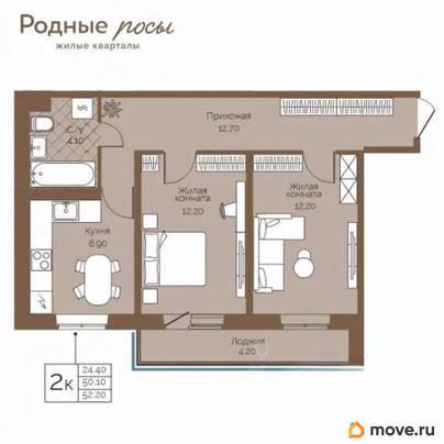 2-комн. квартира, 52.2 м&sup2;