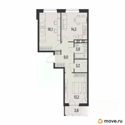 2-комн. квартира, 61.6 м&sup2;