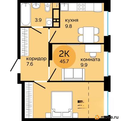 2-комн. квартира, 45.7 м&sup2;
