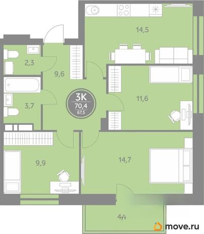 3-комн. квартира, 67.5 м&sup2;