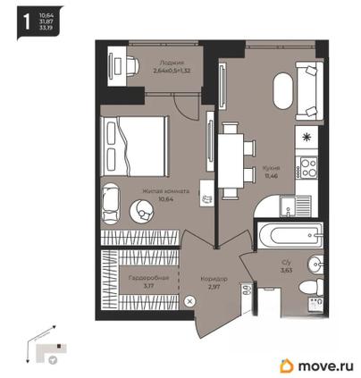 1-комн. квартира, 33.19 м&sup2;