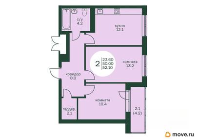 2-комн. квартира, 52.1 м&sup2;
