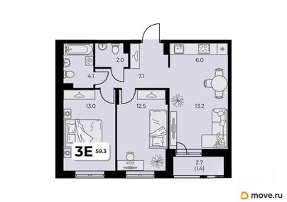 3-комн. квартира, 59.3 м&sup2;