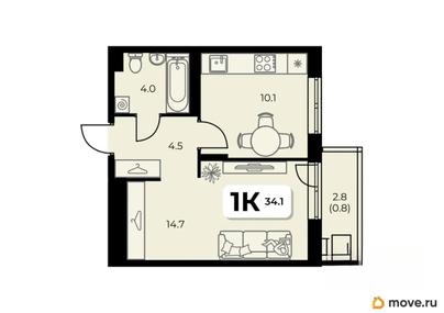 1-комн. квартира, 34.1 м&sup2;