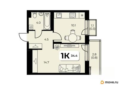 1-комн. квартира, 34.4 м&sup2;