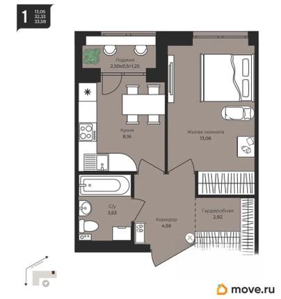 1-комн. квартира, 33.58 м&sup2;