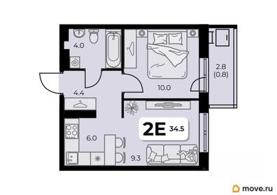 2-комн. квартира, 34.5 м&sup2;