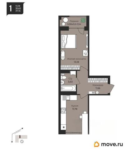 1-комн. квартира, 37.16 м&sup2;