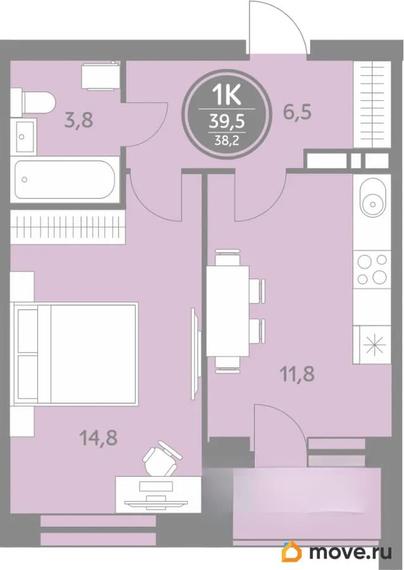 1-комн. квартира, 38.2 м&sup2;