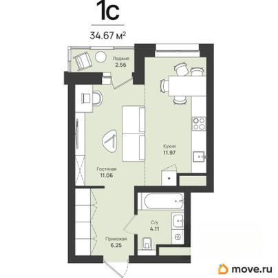 1-комн. квартира, 34.67 м&sup2;