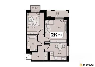 2-комн. квартира, 46.6 м&sup2;