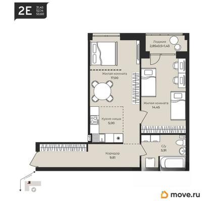 2-комн. квартира, 53.6 м&sup2;