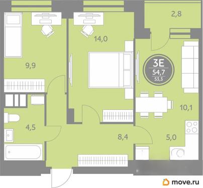 2-комн. квартира, 53.3 м&sup2;