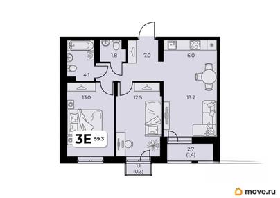 3-комн. квартира, 59.3 м&sup2;