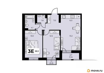 3-комн. квартира, 59.3 м&sup2;