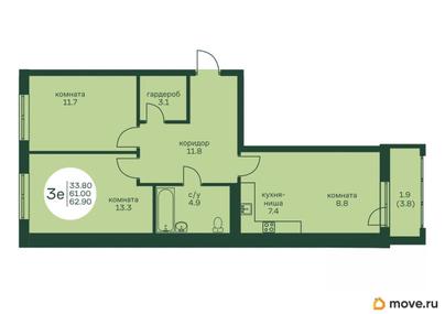 3-комн. квартира, 62.9 м&sup2;